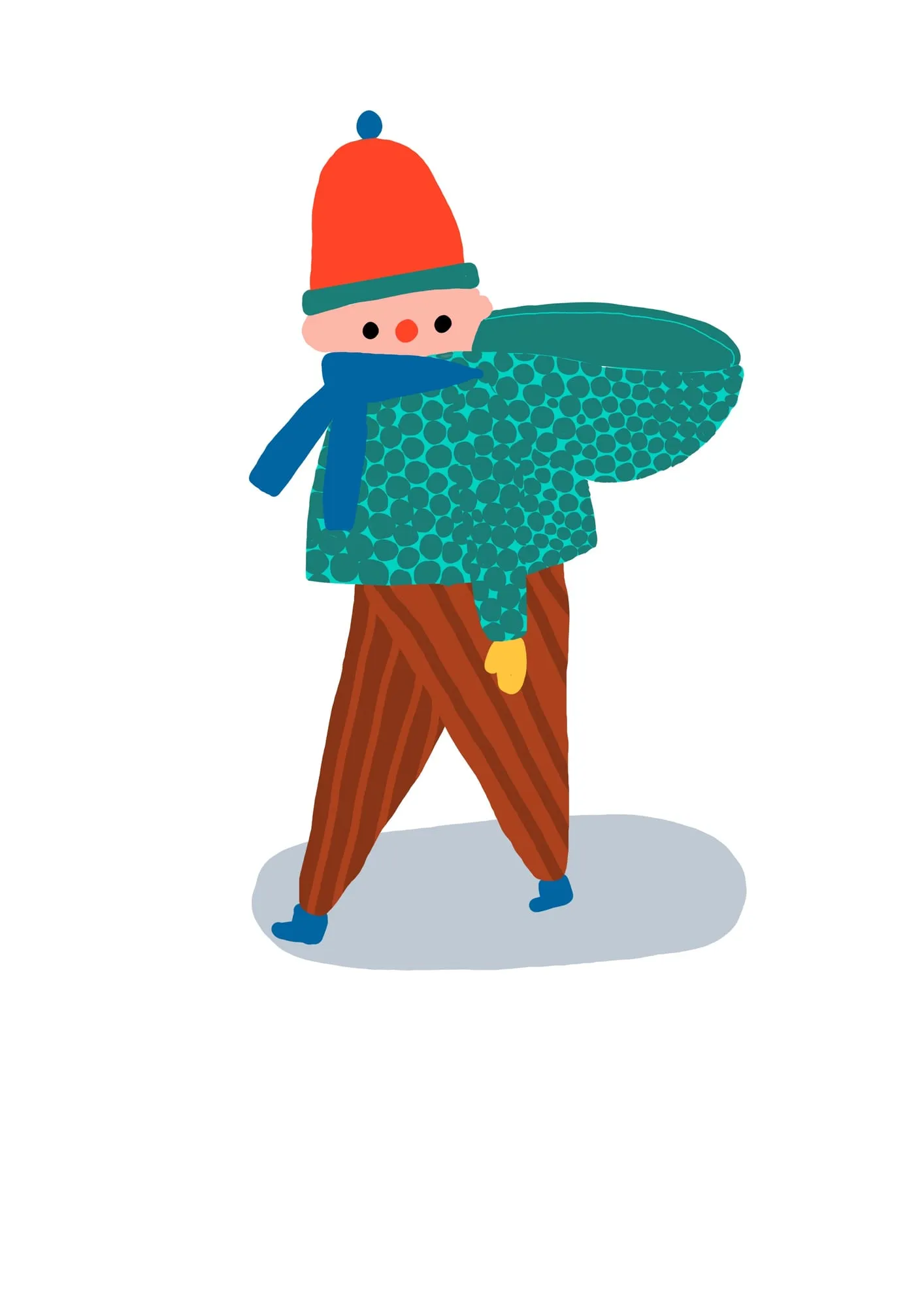Child in a red bobble hat and blue scarf carrying a round green sledge tucked under one arm