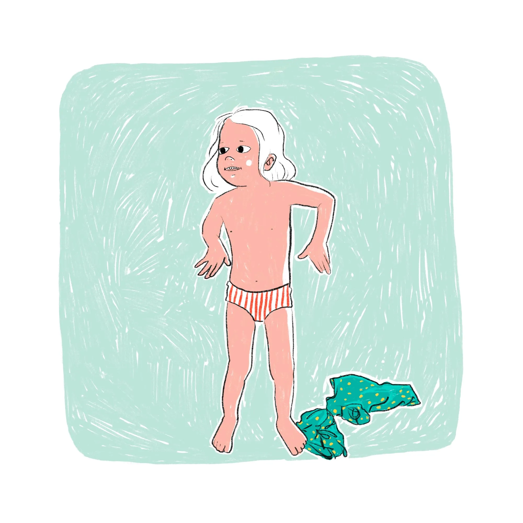 Child in red-striped underpants, the crumpled green pyjamas discarded at their feet
