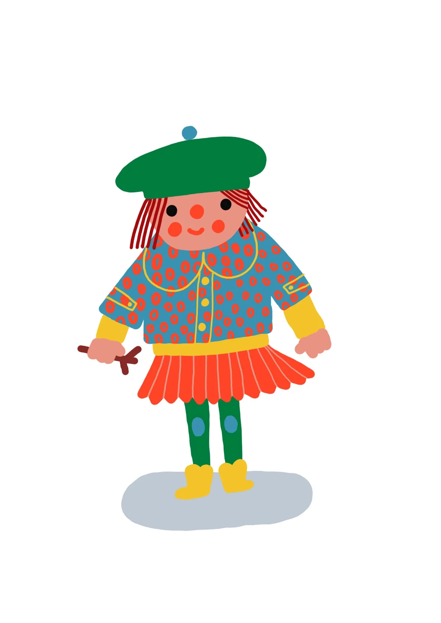 Red-haired girl in a green beret, ring-patterned blue jacket, orange pleated skirt and yellow boots, holding a twig