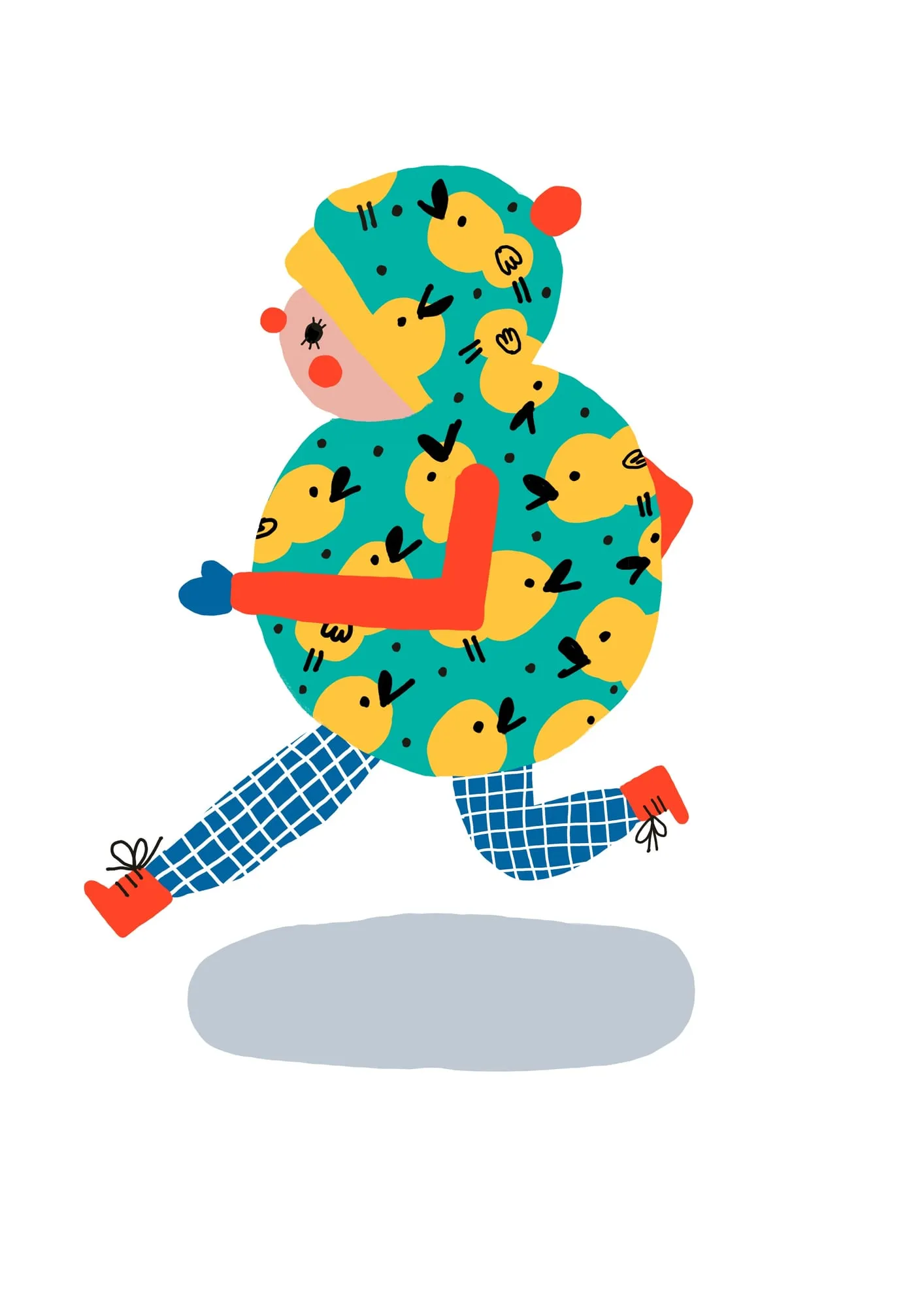 Child mid-run in a teal snowsuit printed with yellow birds, blue checked leggings and red boots
