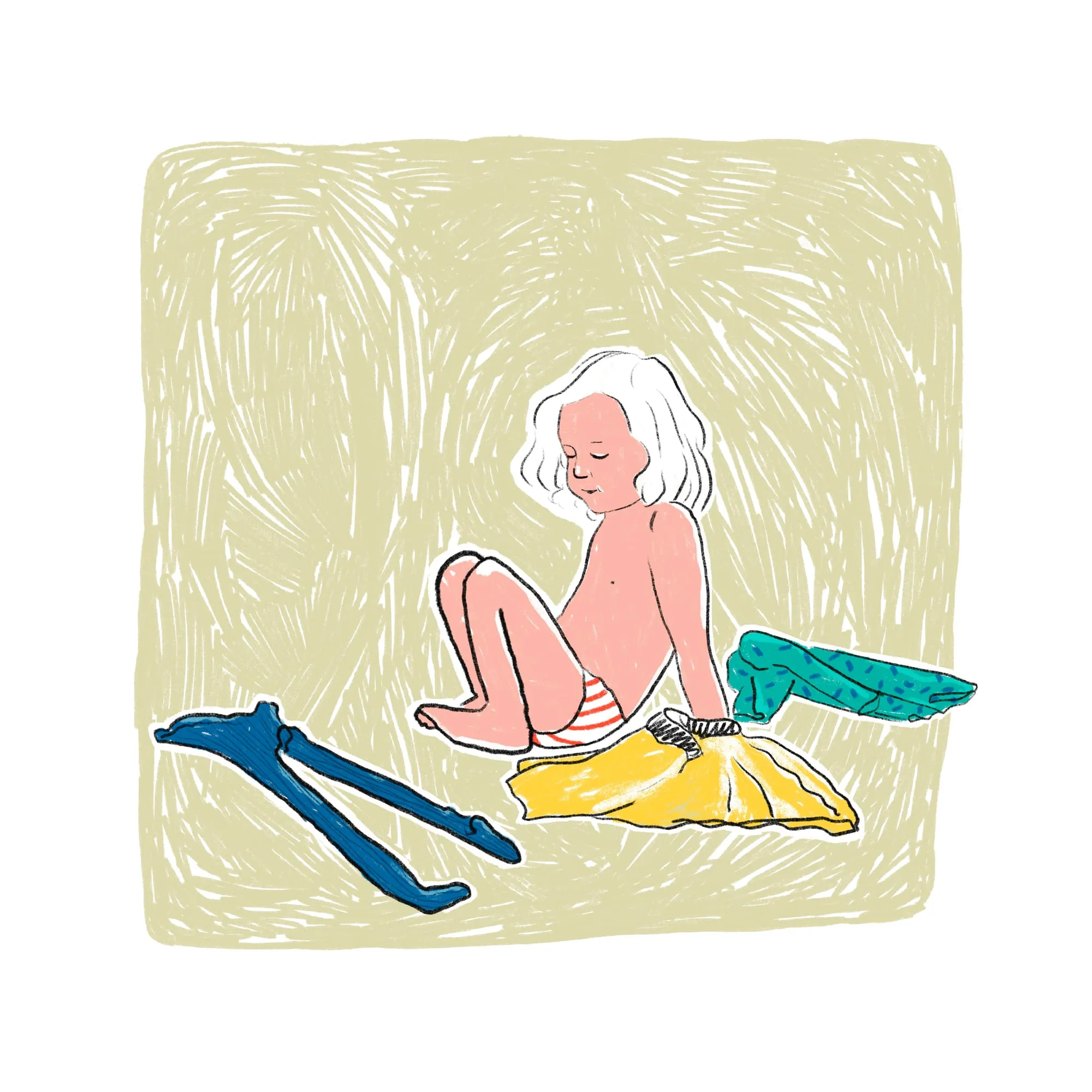 Child in underpants sitting among laid-out clothes: blue tights, a yellow skirt, a green jumper