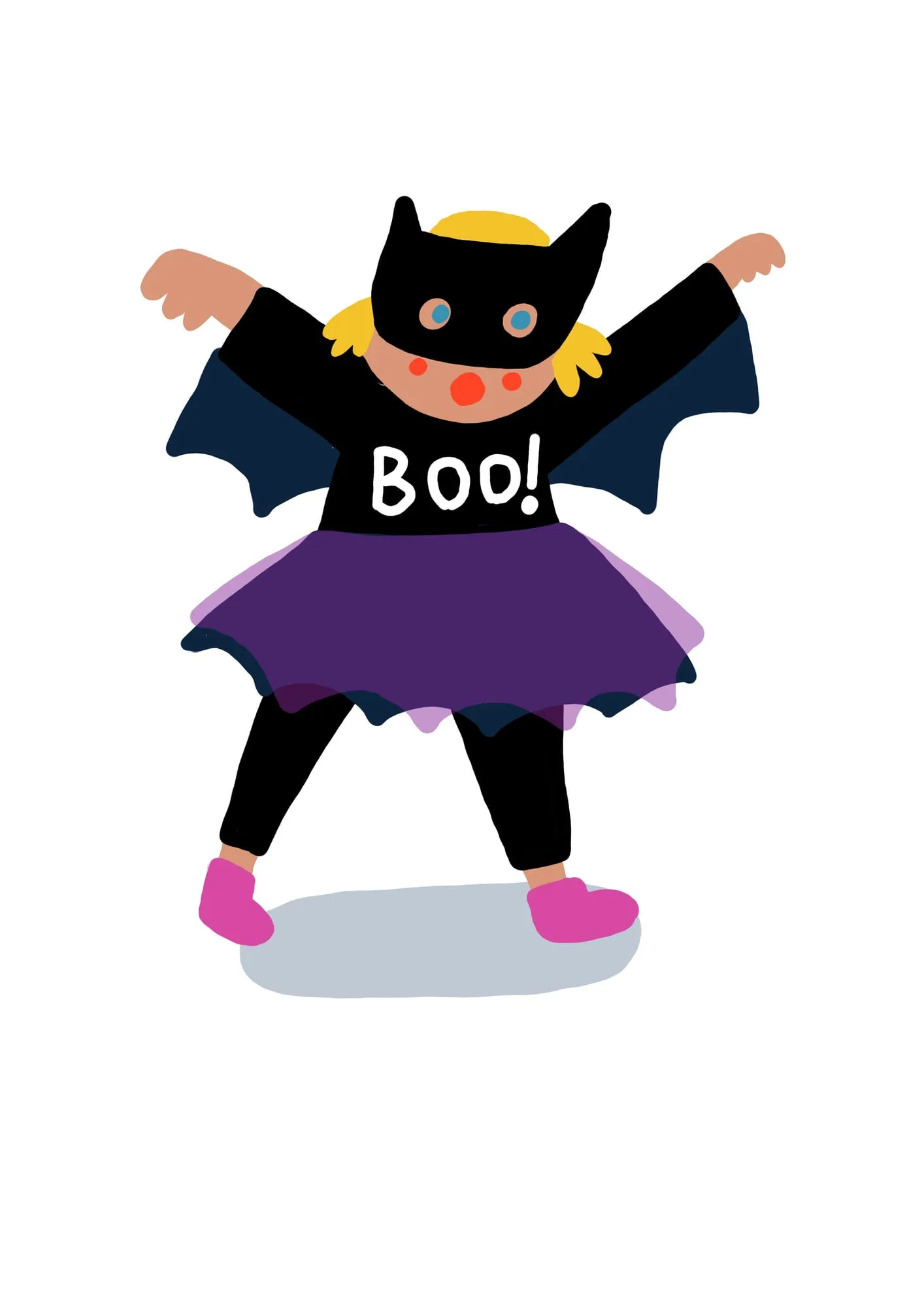 Girl in a bat costume with pointed black mask and wings, purple tutu and a jumper lettered BOO!