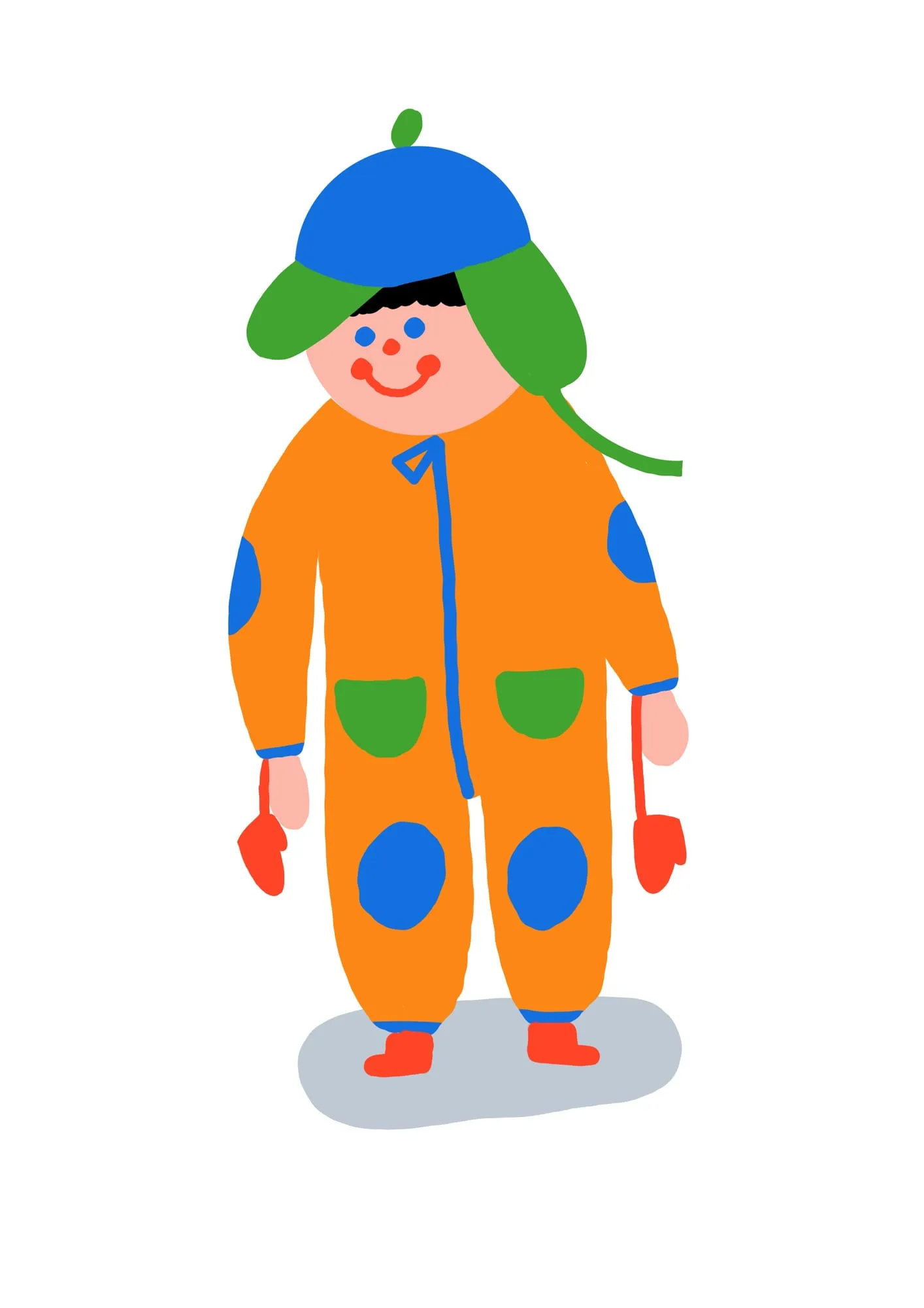 Smiling child in an orange snowsuit with blue patches, blue earflap cap and red mittens on strings