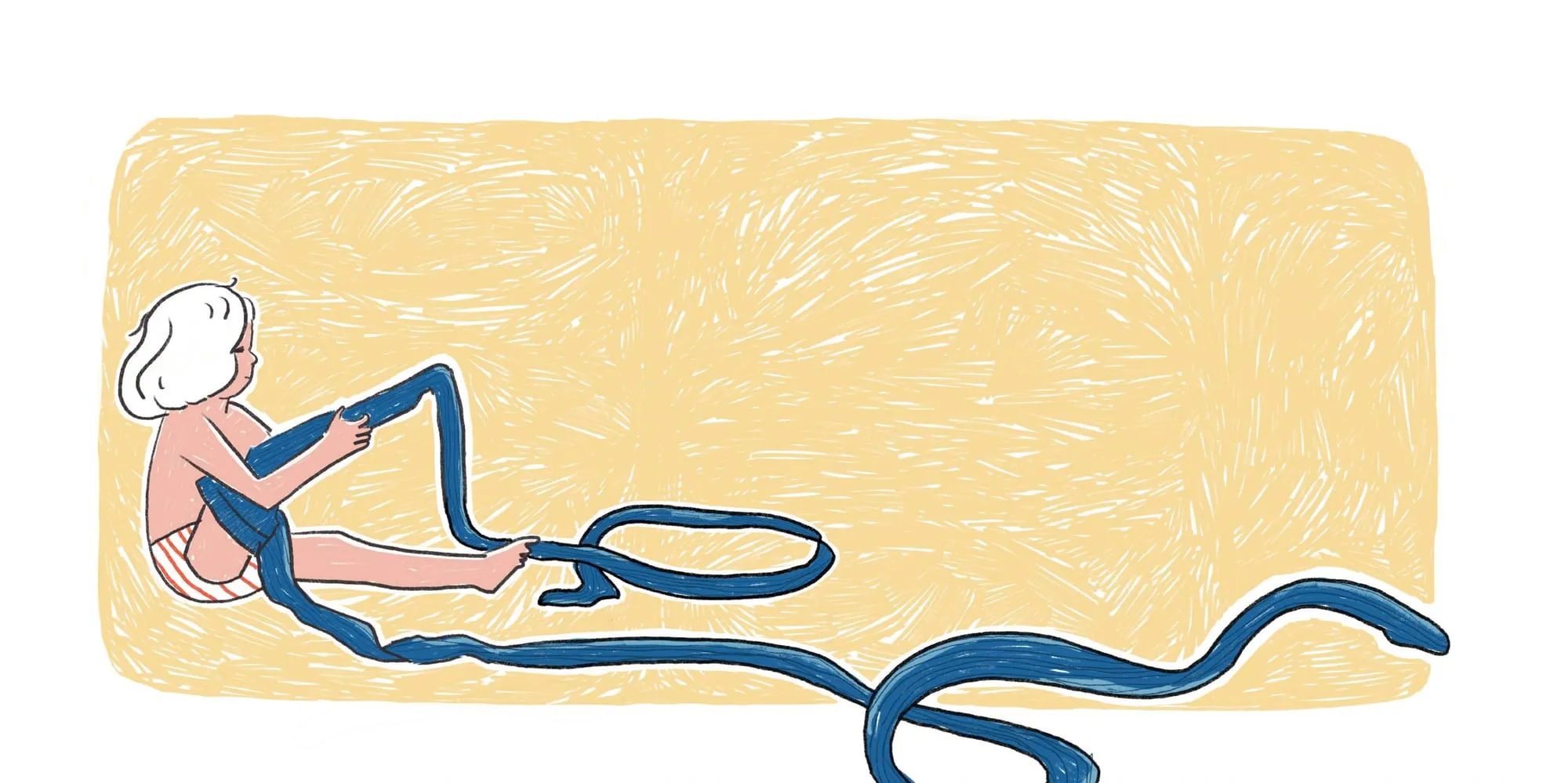 Child in striped underpants tugs at a blue stocking that stretches in loops across the page