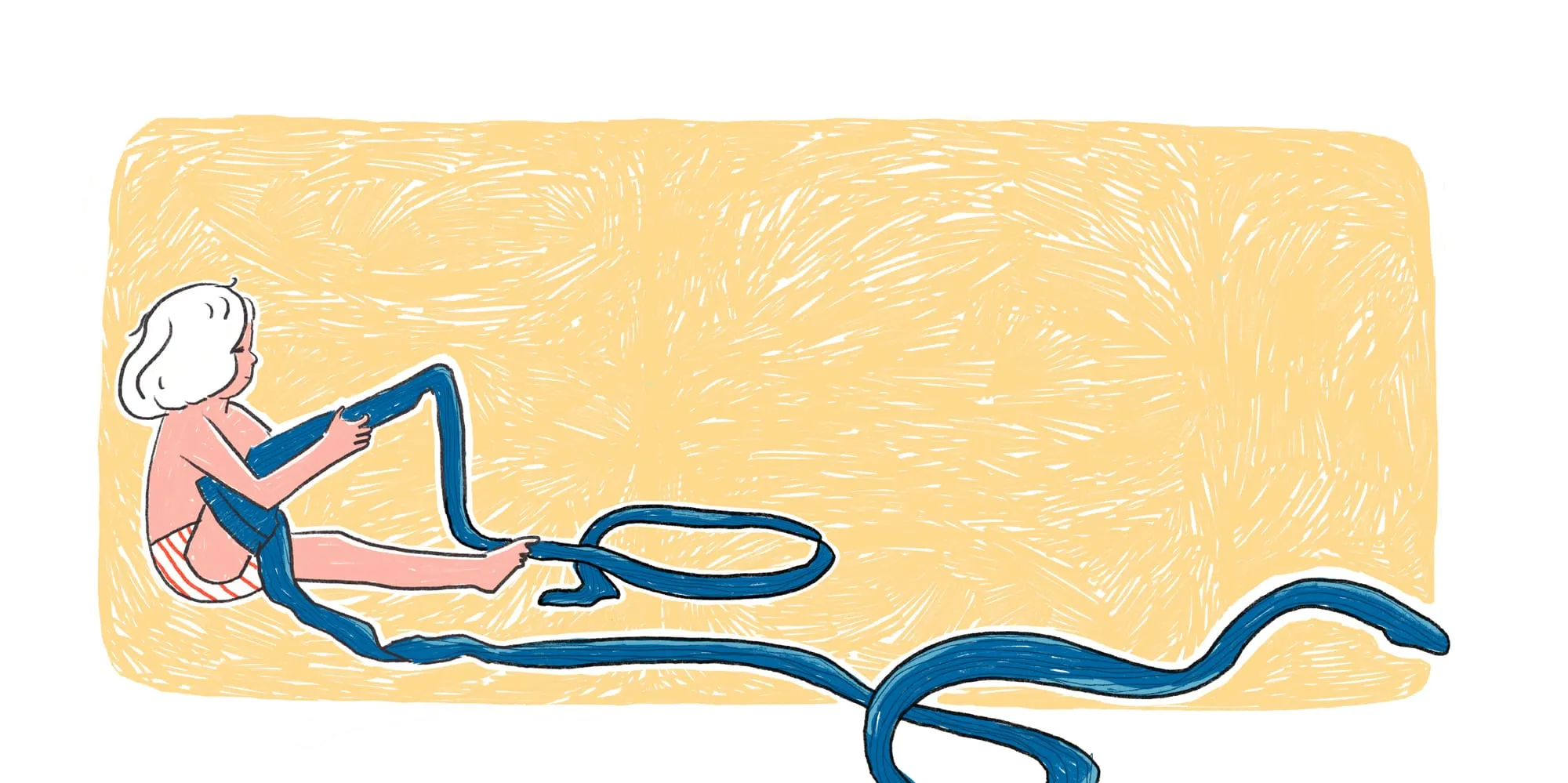 Wide scene of a child tugging at a blue tight whose leg snakes endlessly across the page