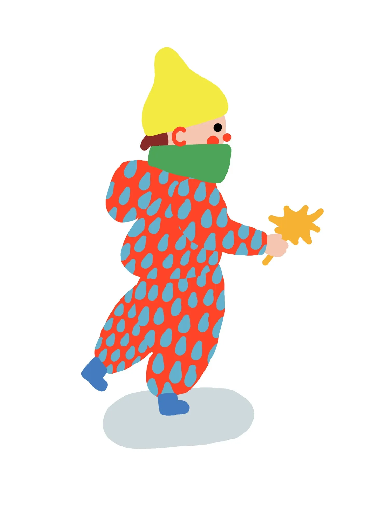 Child striding in a red snowsuit dotted with blue drops and a pointed yellow hat, holding a spiky yellow flower