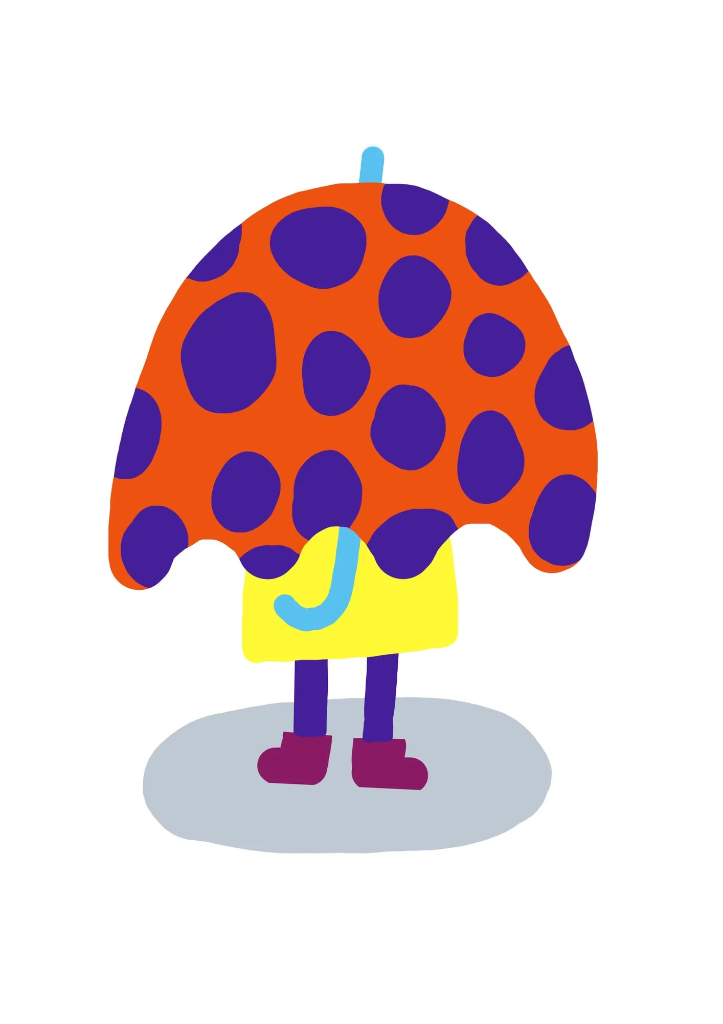 Child hidden beneath an enormous orange umbrella with purple spots, only a yellow coat and plum boots showing