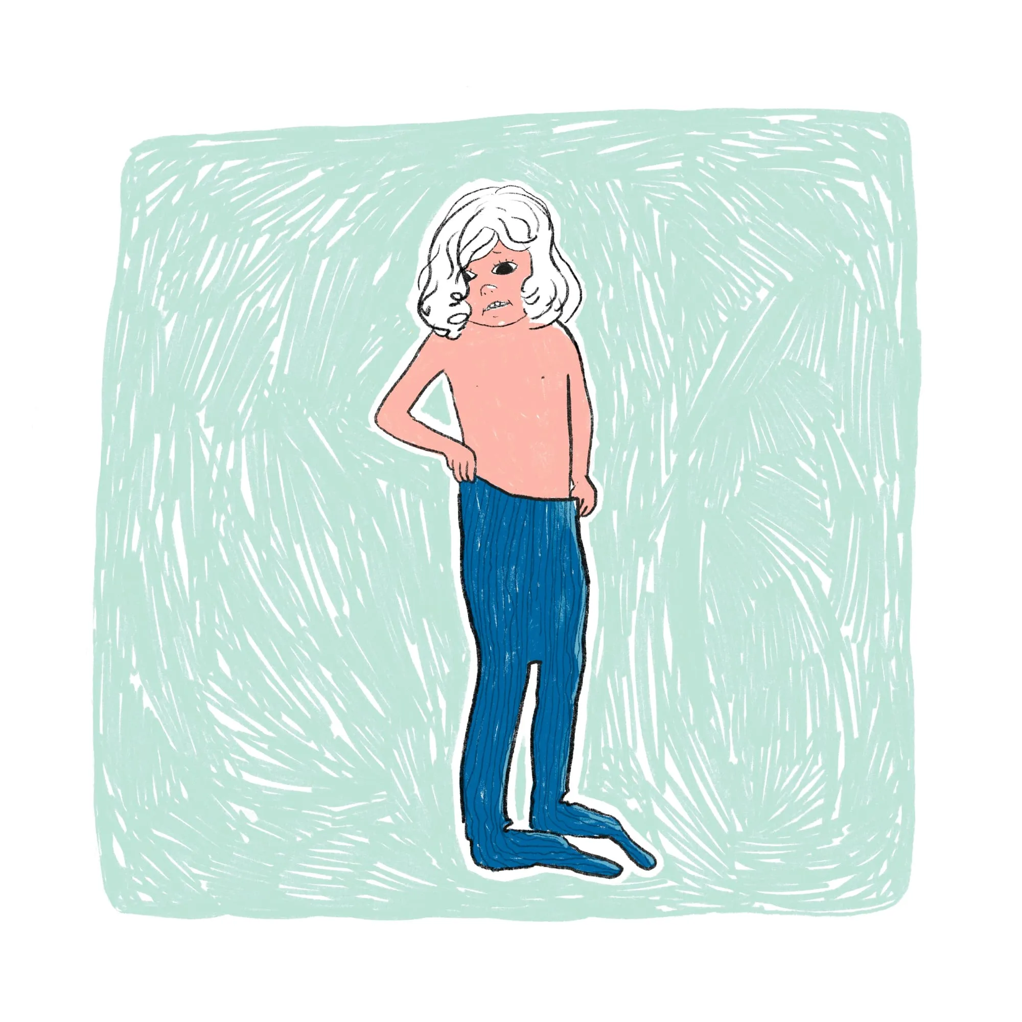 Blue ribbed tights hauled up to the waist, the child grimacing over one shoulder