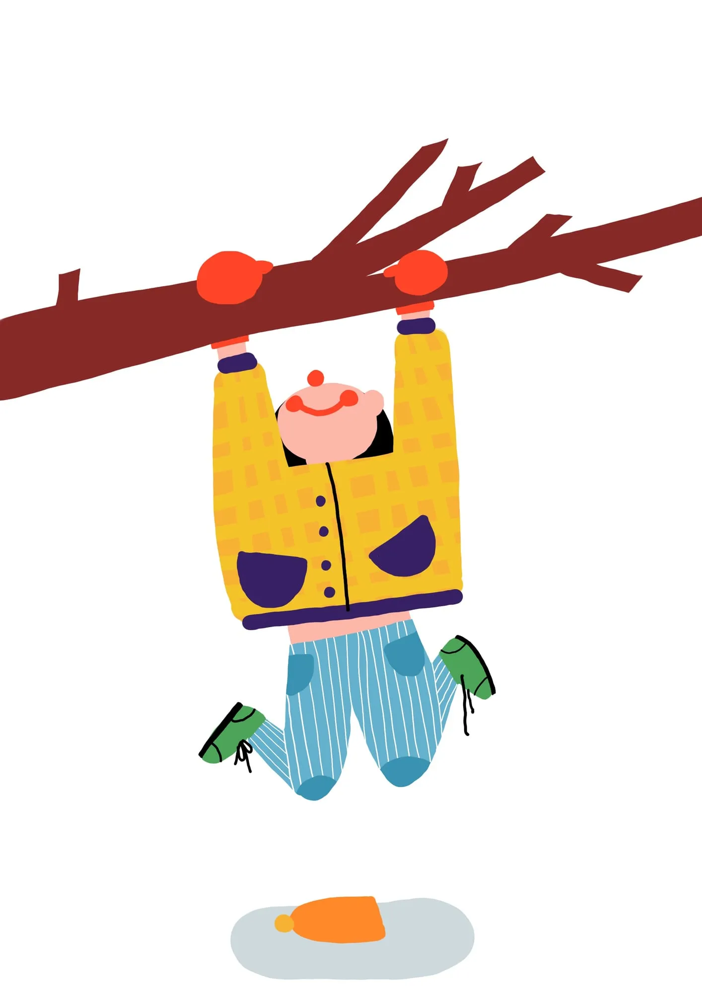 Child in a yellow checked coat and red mittens hanging from a bare branch, orange hat dropped below