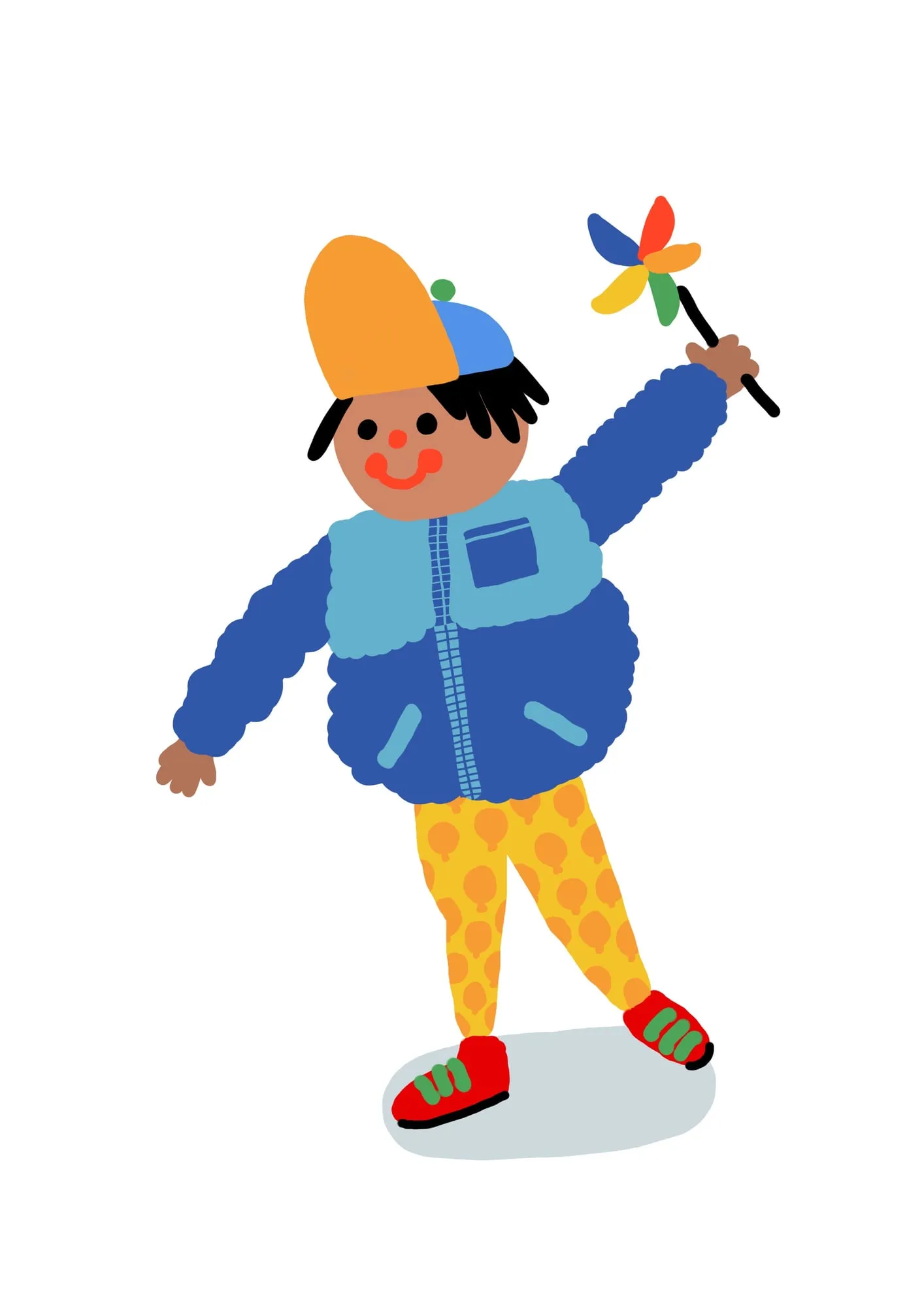 Boy in a blue puffer jacket and orange cap holding up a paper pinwheel, yellow patterned leggings