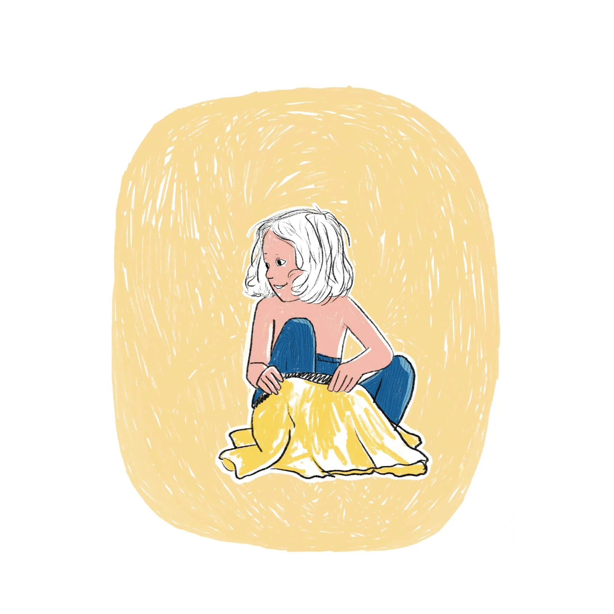 Bare-shouldered child in blue tights sits smiling over one shoulder, gathering a yellow skirt