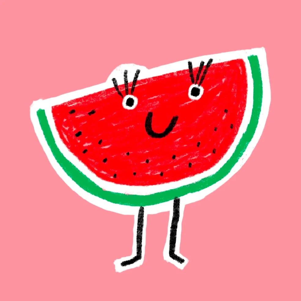 Watermelon slice with black seeds and long lashes, grinning above two thin legs