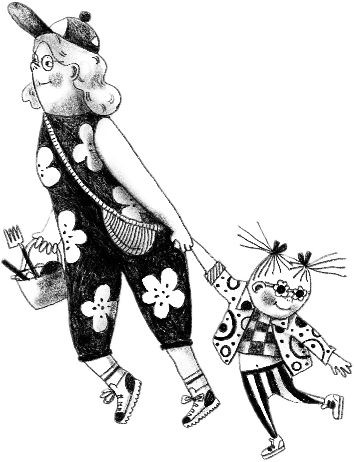 Pencil drawing of a woman in flowered dungarees and a beret, a bag of brushes on her arm, walking hand in hand with a skipping child in a patterned coat