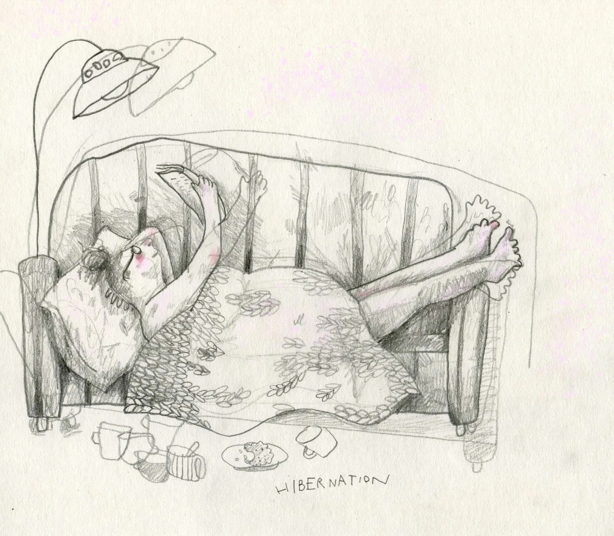 Pencil sketch of a woman sprawled on a sofa under a knitted blanket, mugs and plates on the floor
