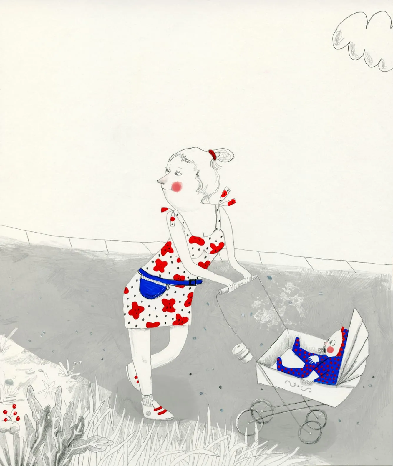 Girl in a red-flowered dress pushes a doll's pram carrying a baby in blue polka dots