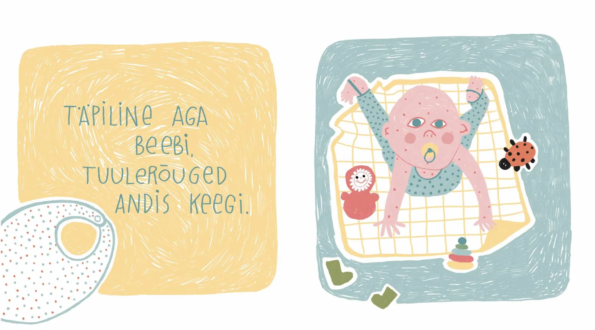 Spotty baby with a pacifier sprawls on a grid blanket among a ladybird, a doll and stacking rings