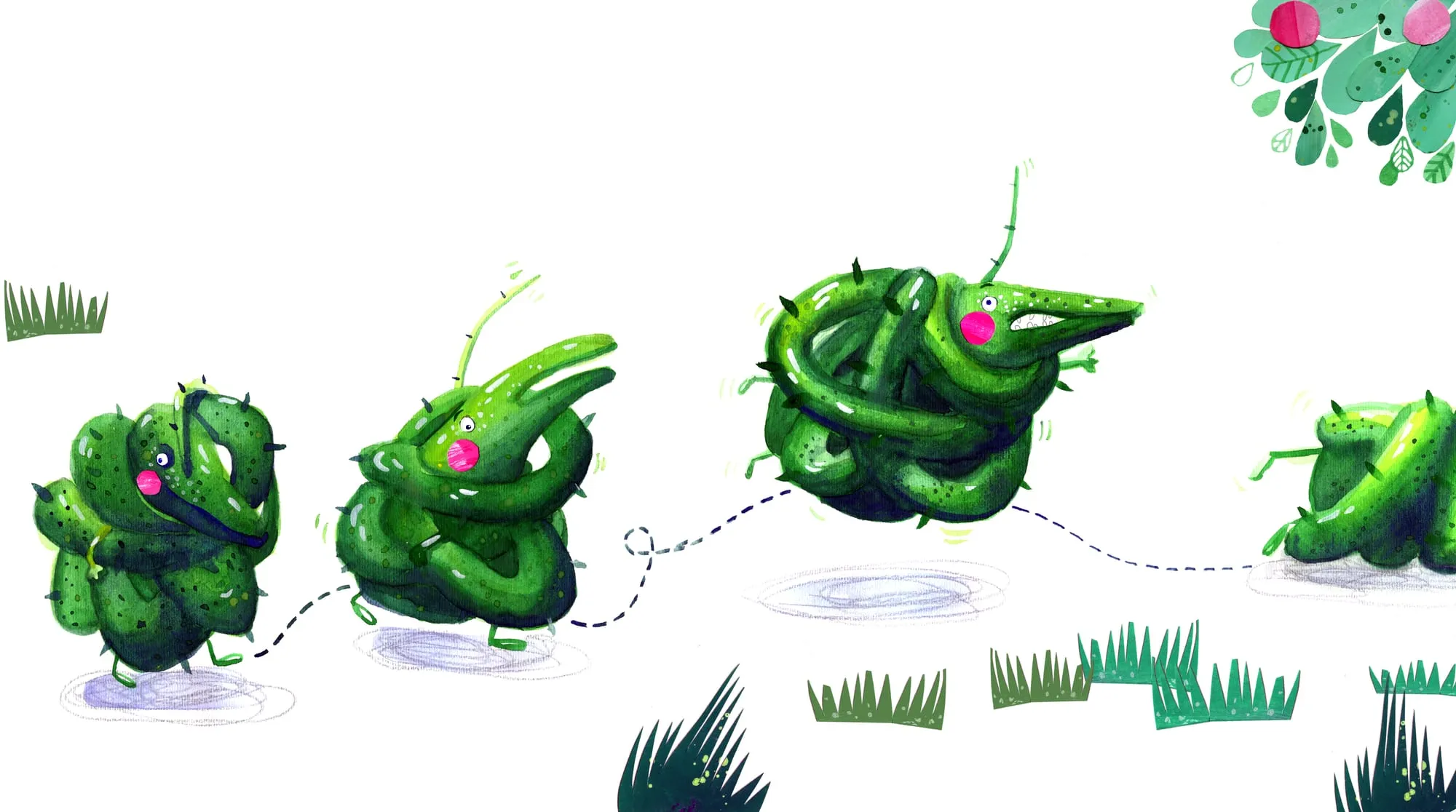Green crocodiles trudging along a stitched dotted line, bodies coiled and knotted around themselves in the grass