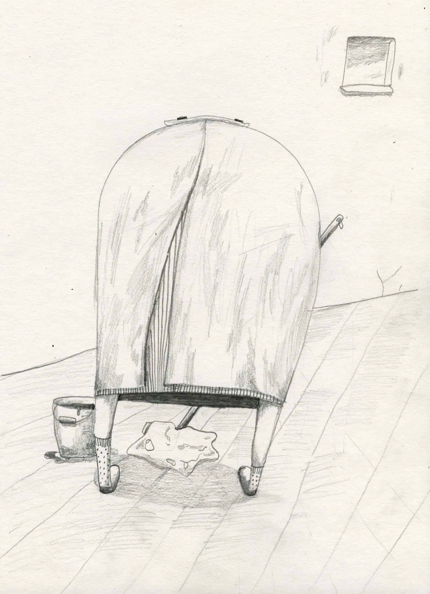 Seen from behind, a woman bends double to mop a wooden floor, bucket and puddle beside her
