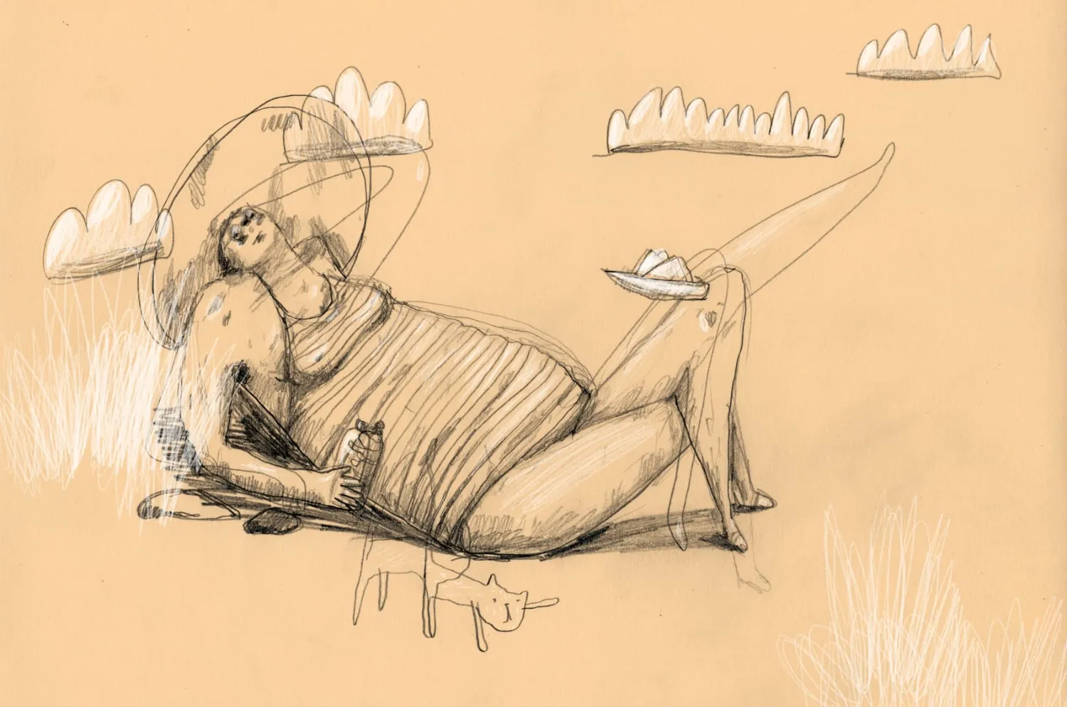 Loose sketch on tan paper of a woman reclining on the beach in a sun hat, a small dog nearby