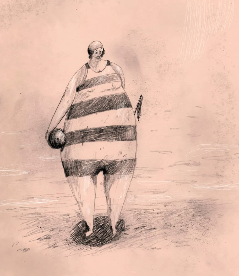 Sketch of a bather in a striped swimsuit and cap standing at the shoreline, a ball under one arm