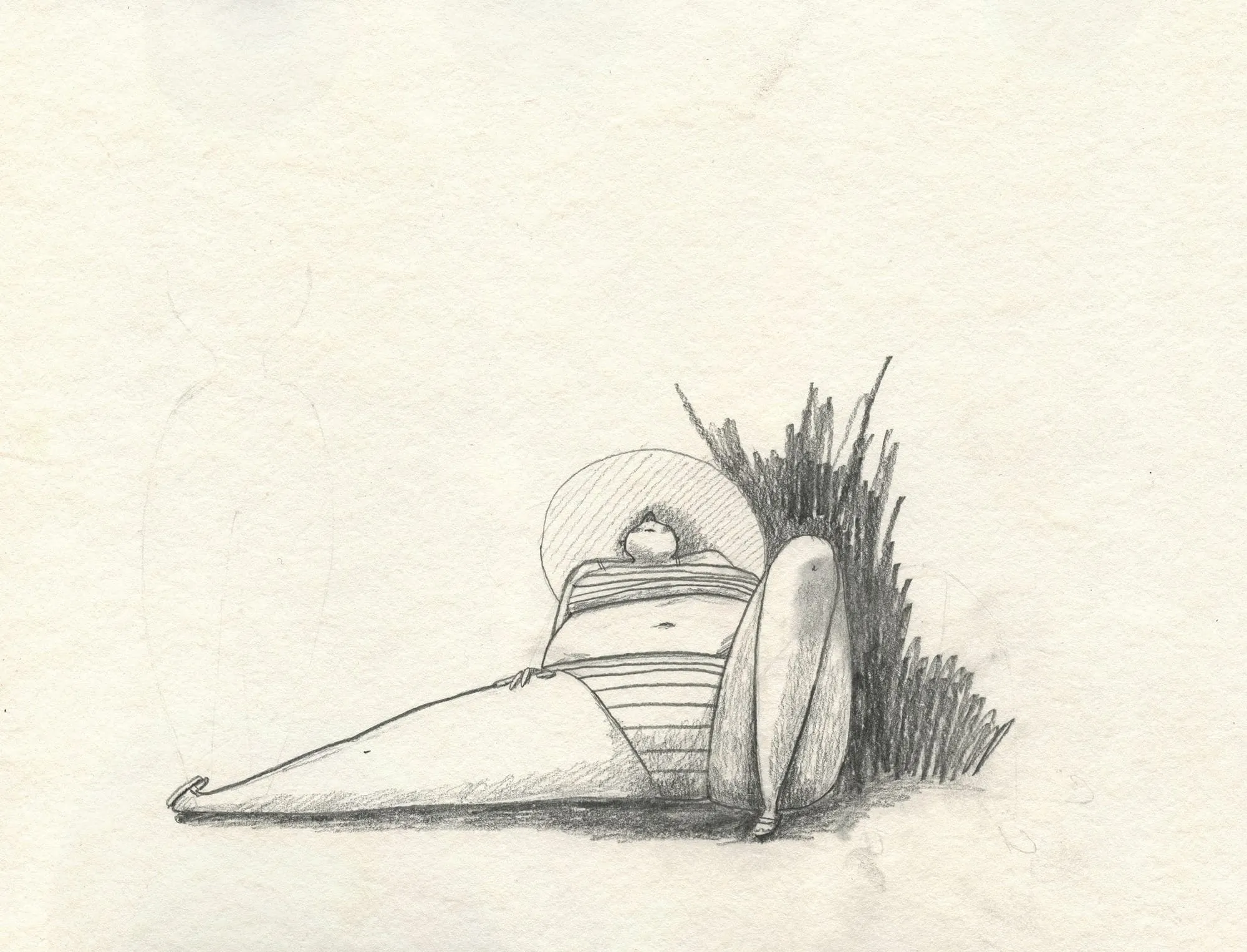 Small pencil sketch of a woman lying back on the sand in a striped suit, sun hat over her face
