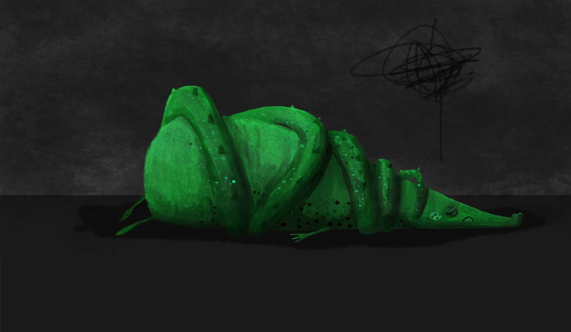 Glowing green crocodile curled on the dark ground, its own tail wound around it, a scrawled cloud above