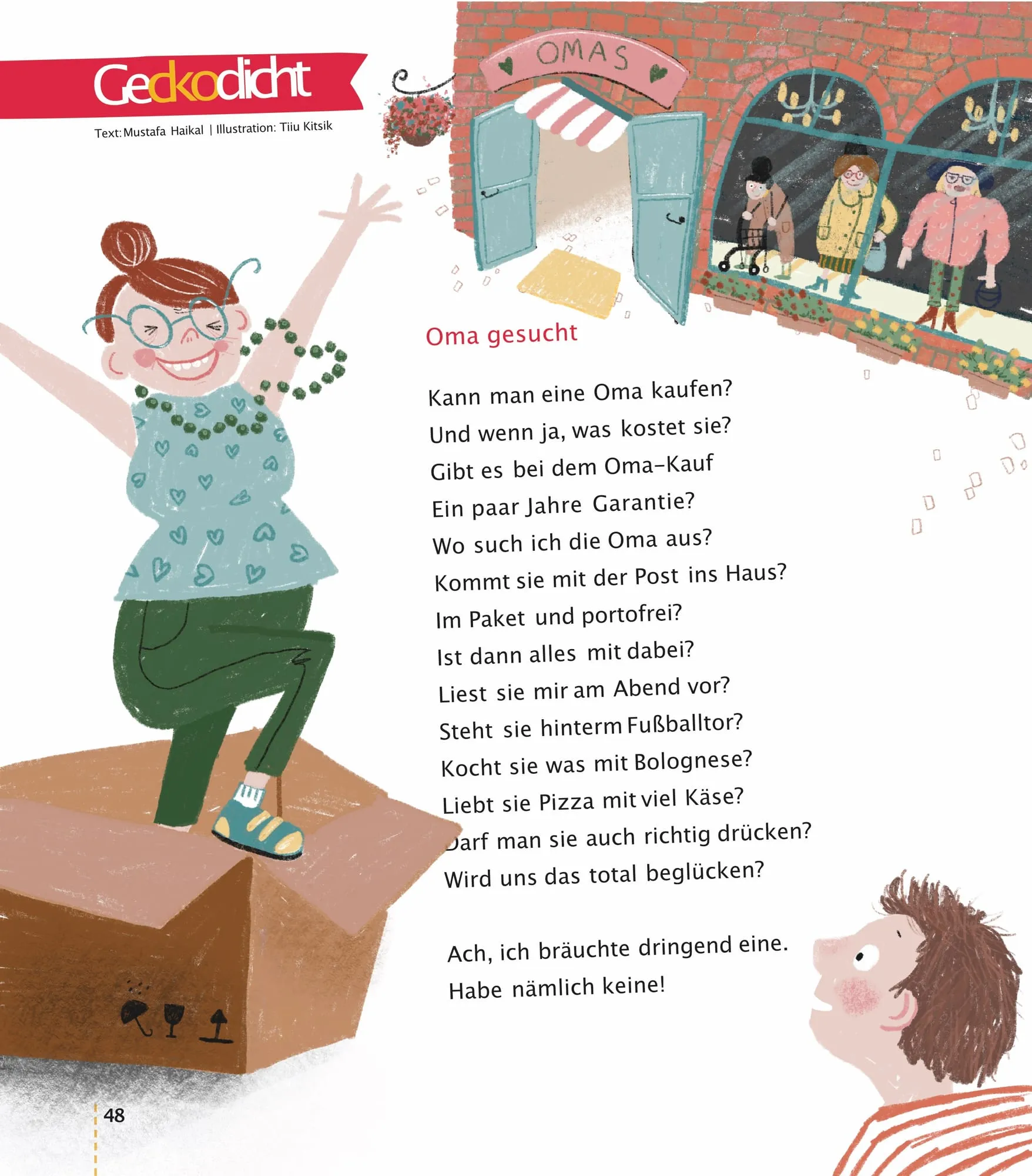 Poem page with a delighted grandmother rising from a delivery box while a boy watches from below